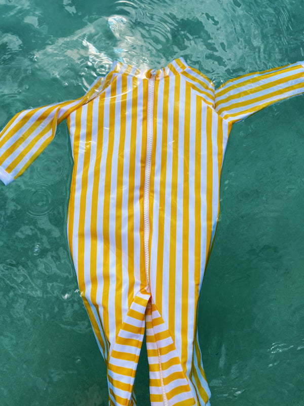 Full-leg bodysuit Grand-Galet Yellow/White stripes UPF 50+